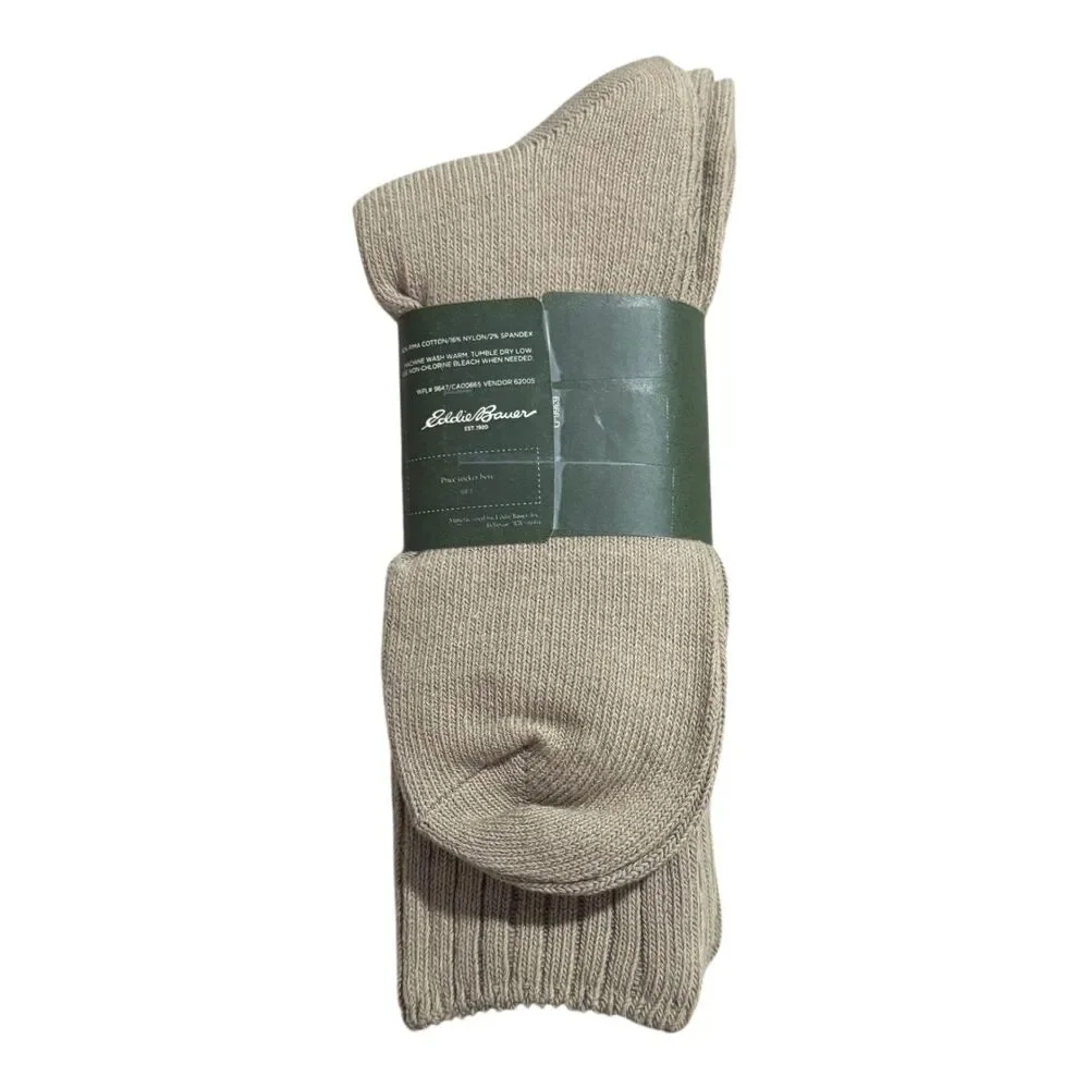 Eddie Bauer Men's Crew Socks Beige Pima Cotton USA Made - Size: 10-13 NWT
